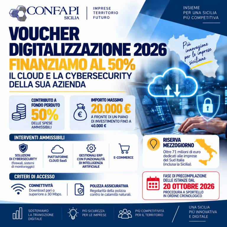 Scopri di più sull'articolo Voucher Digitalizzazione 2026: contributi fino a 20 mila euro per Cloud e Cybersecurity