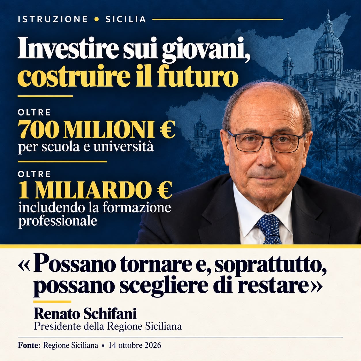 Scopri di più sull'articolo Scuola e università, Schifani: oltre 700 milioni per il futuro dei giovani siciliani