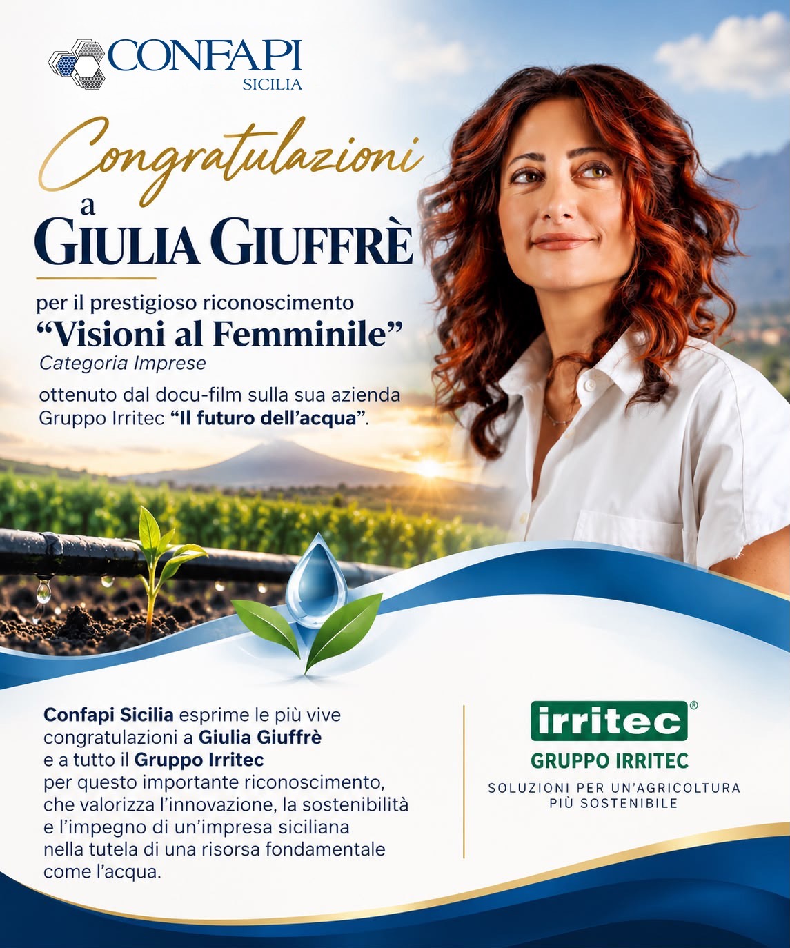 Scopri di più sull'articolo “Il futuro dell’acqua” conquista il Premio Visioni al Femminile: le congratulazioni di Confapi Sicilia a Giulia Giuffrè e al Gruppo Irritec